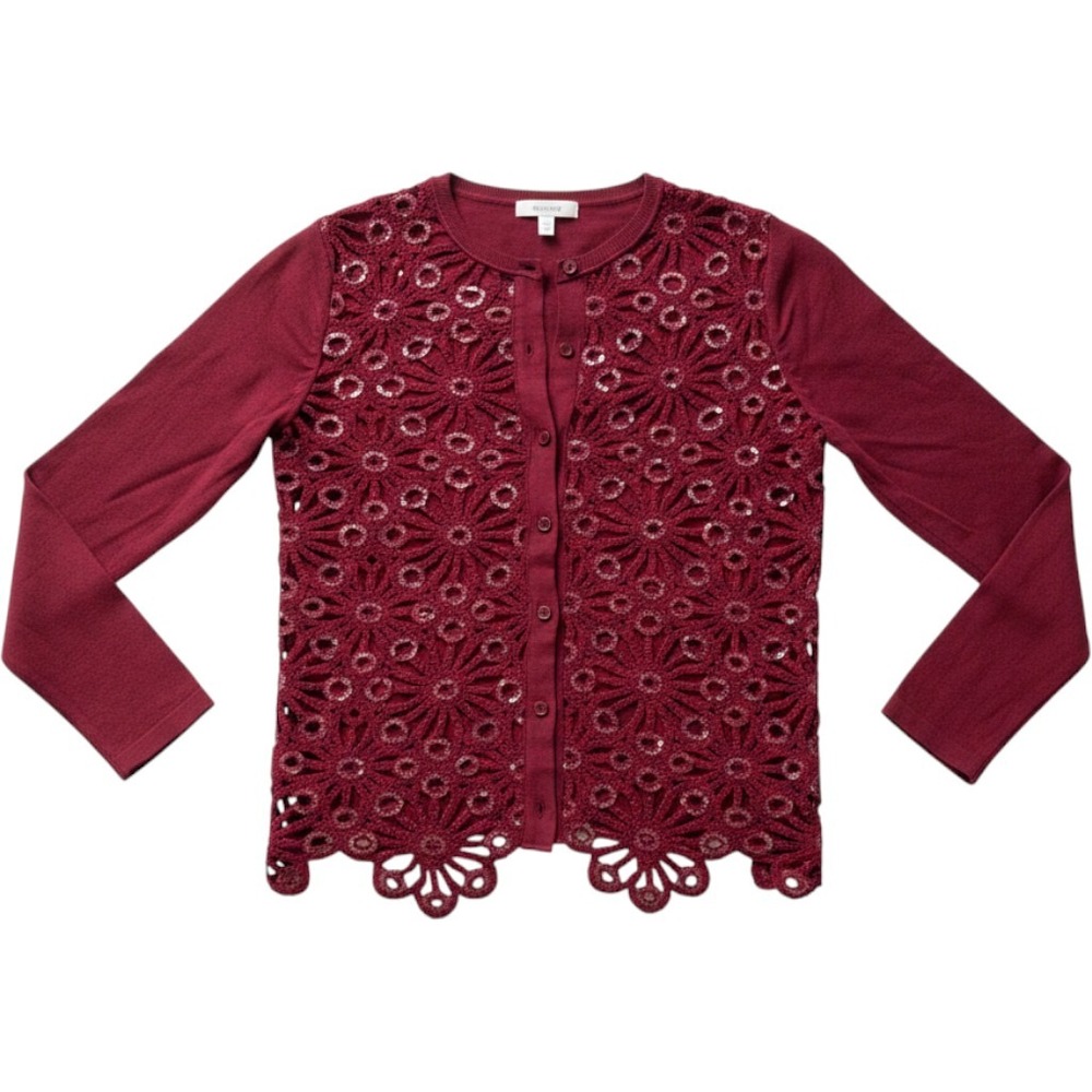 Anewsta Burgundy Crochet Floral Lace Sequin Button Front Cardigan Sm Cottagecore